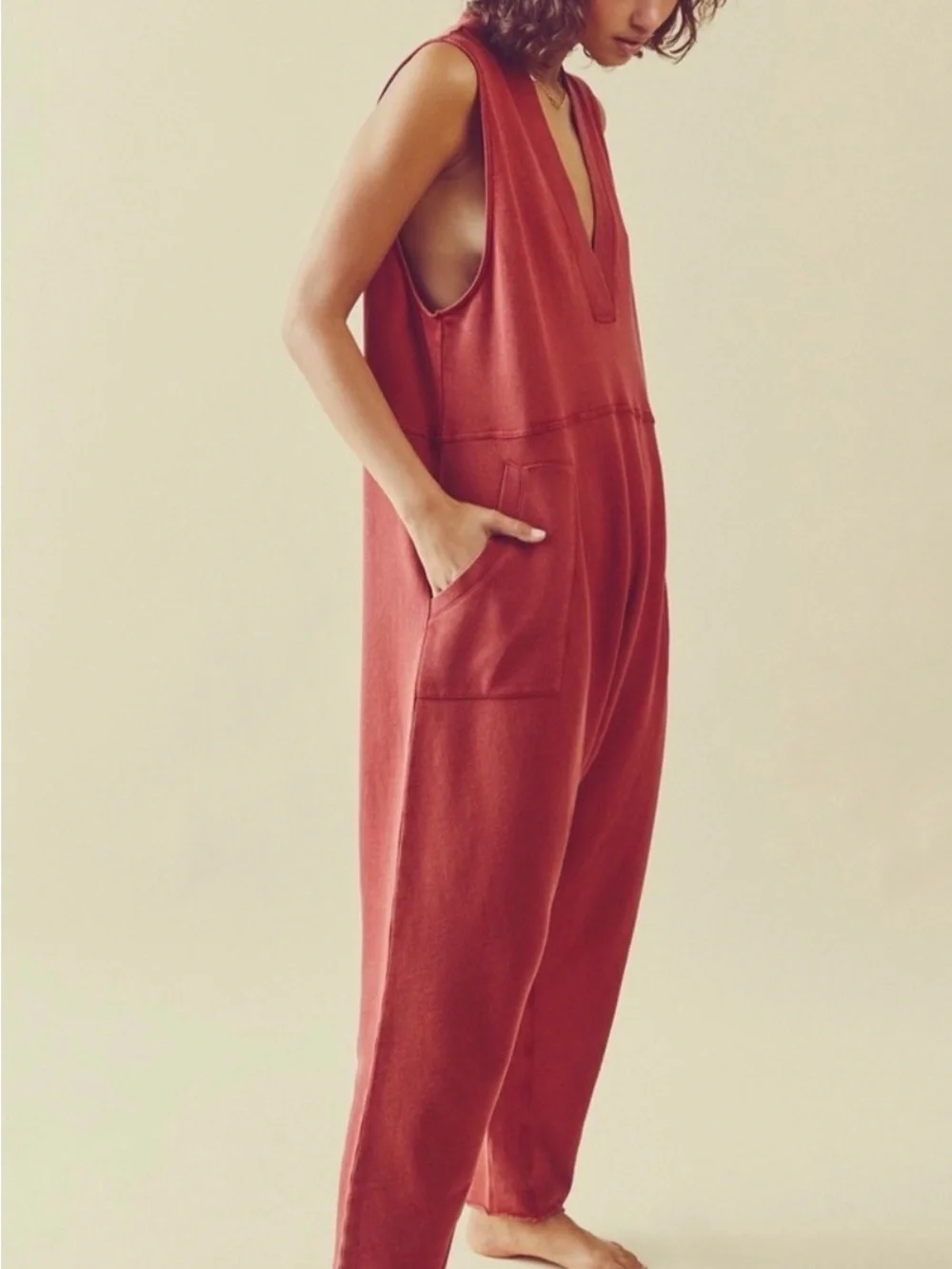 Free People Mustard V-Neck Relaxed Jumpsuit